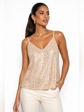 Miduo Gold Sequin Halter Tank Top – Sparkly Sleeveless Party Blouse Size S.